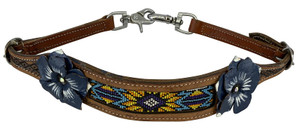Showman 3D Blue Flower Leather Wither Strap w/ Beaded Center Showman 3D Blue Flower Leather Wither Strap w/ Beaded Center