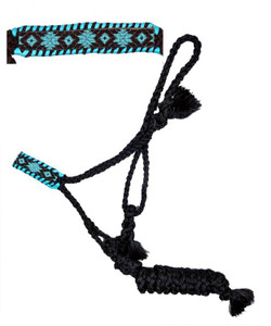 Showman Black Nylon Mule Tape Halter w/ Black & Teal Southwest Beaded Design Showman Black Nylon Mule Tape Halter w/ Black & Teal Southwest Beaded Design