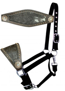 Showman Nylon Bronc Halter w/ Hair-On Cowhide Inlay Leather Noseband Showman Nylon Bronc Halter w/ Hair-On Cowhide Inlay Leather Noseband