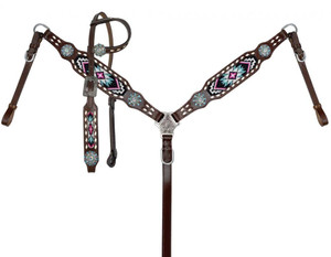 Showman Pink & Teal Beaded Single Ear Leather Headstall & Breast Collar Set Showman Pink & Teal Beaded Single Ear Leather Headstall & Breast Collar Set