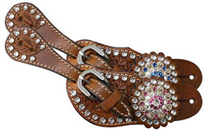 Showman Youth Crystal Rhinestone Tooled Leather Spur Straps Showman Youth Crystal Rhinestone Tooled Leather Spur Straps