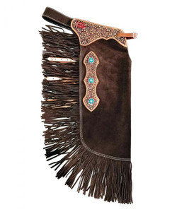 Showman Brown Suede Leather Chinks w/ Floral Tooling Design Showman Brown Suede Leather Chinks w/ Floral Tooling Design