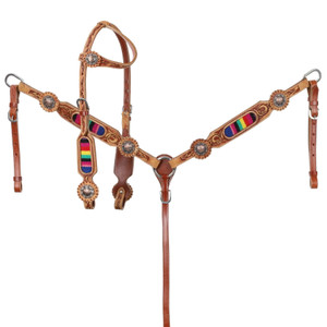 Showman Leather Headstall & Breast Collar Set w/ Vibrant Serape Wool Blanket Inlay
