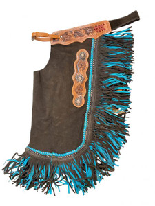Showman Brown Suede Leather Chinks w/ Mixed Blue Fringe Showman Brown Suede Leather Chinks w/ Mixed Blue Fringe