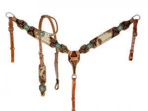 Showman Hair-On Cowhide Leather Headstall & Breast Collar Set w/ Teal Accents Showman Hair-On Cowhide Leather Headstall & Breast Collar Set w/ Teal Accents