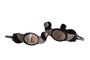 Showman Ladies Black Steel Bumper Spurs w/ Copper/Gold Barrel Racer & Engraved Silver Overlay Showman Ladies Black Steel Bumper Spurs w/ Copper/Gold Barrel Racer & Engraved Silver Overlay