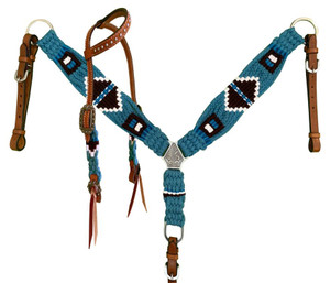Showman Pony Turquoise & Brown Corded Single Ear Headstall & Breast Collar Set Showman Pony Turquoise & Brown Corded Single Ear Headstall & Breast Collar Set