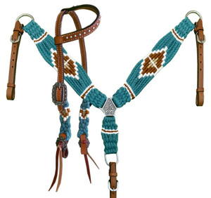 Showman Pony Teal, White & Brown Corded Single Ear Headstall & Breast Collar Set Showman Pony Teal, White & Brown Corded Single Ear Headstall & Breast Collar Set
