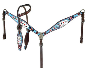 Showman Electric Aces Single Ear Leather Headstall & Breast Collar Set Showman Electric Aces Single Ear Leather Headstall & Breast Collar Set