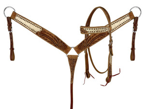 Showman Floral Frontier Leather Headstall & Breast Collar Set w/ Cowhide Overlay Showman Floral Frontier Leather Headstall & Breast Collar Set w/ Cowhide Overlay