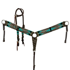 Showman Teal, Tan & Black Corded Mohair Single Ear Headstall & Breast Collar Set Showman Teal, Tan & Black Corded Mohair Single Ear Headstall & Breast Collar Set