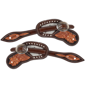 Showman Men's Floral Tooled Argentina Cow Leather Spur Straps w/ Cowhide Inlay Showman Men's Floral Tooled Argentina Cow Leather Spur Straps w/ Cowhide Inlay
