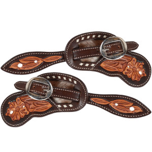 Showman Women's Floral Tooled Argentina Cow Leather Spur Straps w/ Cowhide Inlay Showman Women's Floral Tooled Argentina Cow Leather Spur Straps w/ Cowhide Inlay