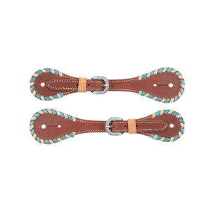 Showman Ladies Argentina Cow Leather Spur Straps w/ Teal Rawhide Border Showman Ladies Argentina Cow Leather Spur Straps w/ Teal Rawhide Border