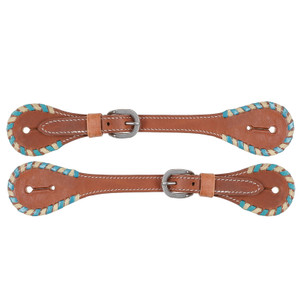 Showman Men's Argentina Cow Leather Spur Straps w/ Teal Rawhide Border Showman Men's Argentina Cow Leather Spur Straps w/ Teal Rawhide Border