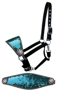 Showman Bronc Halter w/ Turquoise & Silver Sequin Leather Noseband