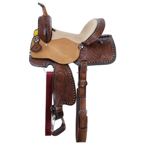 Double T Feathered Buckskin Barrel Style Saddle - 15 Inch Double T Feathered Buckskin Barrel Style Saddle - 15 Inch
