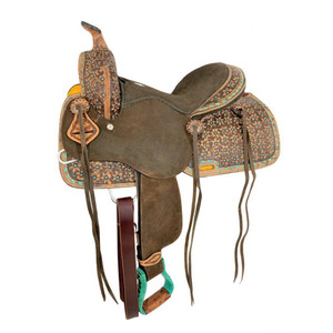 12" Double T Barrel Style Saddle w/ Teal Flower & Buckstitch Accents 12" Double T Barrel Style Saddle w/ Teal Flower & Buckstitch Accents