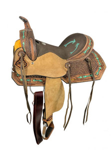15" Double T Hard Seat Western saddle w/ Teal Arrow Accents 15" Double T Hard Seat Western saddle w/ Teal Arrow Accents