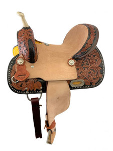 12" Double T Youth Barrel Style Hard Seat Saddle w/ Two-Tone Floral Tooling