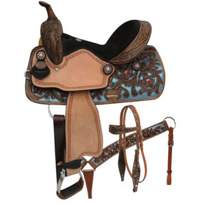 Double T Barrel Style Saddle Set with Metallic Painted Tooling - 14, 15 Inch Double T Barrel Style Saddle Set with Metallic Painted Tooling - 14, 15 Inch