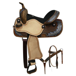 Double T Barrel Style Saddle Set w/ Oak Leaf Tooling - 14, 15 Inch Double T Barrel Style Saddle Set w/ Oak Leaf Tooling - 14, 15 Inch