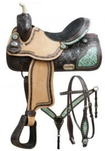 15", 16" Double T Barrel Saddle Set w/ Teal Filigree Inlay 15", 16" Double T Barrel Saddle Set w/ Teal Filigree Inlay