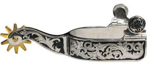 Showman Stainless Steel Spurs w/ Black Inlay & Engraved Scrolling