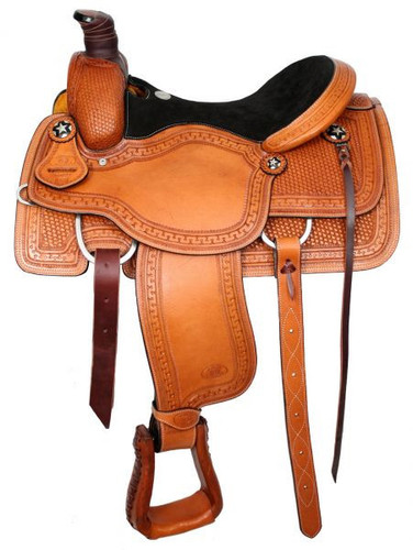 16" Basketweave Tooled Circle S Roping Saddle With Suede Leather Seat