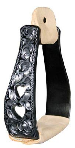 Showman Black Aluminum Stirrups w/ Silver Engraving & Cut-Out Heart Design