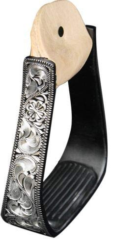 Showman Black Aluminum Stirrups w/ Silver Engraving & Removable Rubber Grip Tread