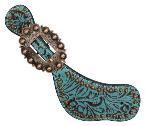 Showman Ladies Leather Spur Straps w/ Teal Filigree Print