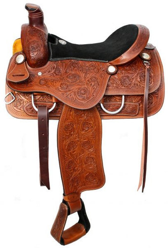 Double T Fully Tooled Roper Style Saddle w/ Black Suede Seat - 16 Inch