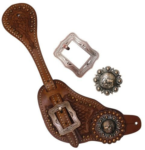 Showman Men's Tooled Leather Spur Straps w/ Copper Praying Cowboy Conchos