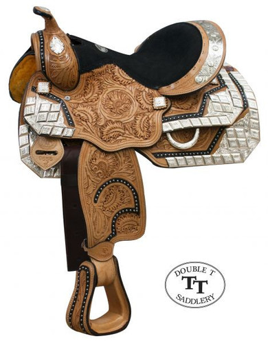 13" Double T Fully Tooled Youth / Pony Show Saddle with Diamond Shaped Silver