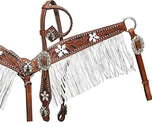 Showman Leather Headstall & Breast Collar Set w/ White Painted Flowers & Fringe