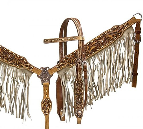 Showman Leather Headstall & Breast Collar Set w/ Suede Fringe & Floral Tooling