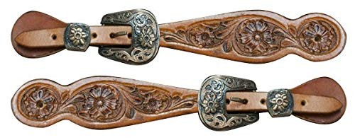 Showman Ladies Size Floral Tooled Leather Spur Straps w/Engraved Antique Brass Buckles