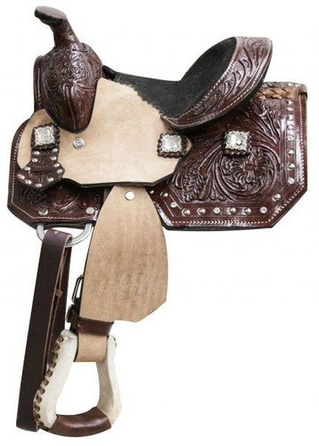 8" Double T  pony saddle with floral tooled leather and cyrstal rhinesotne conchos