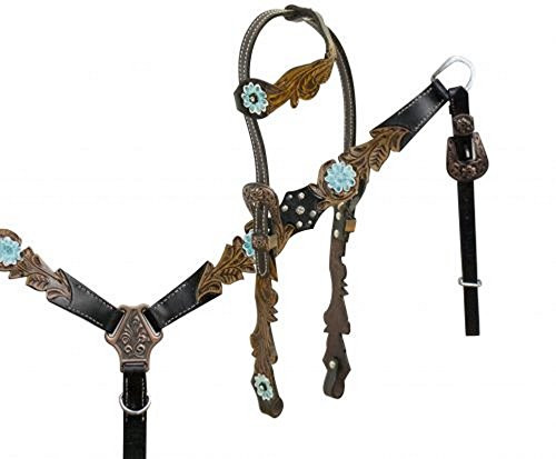 Showman One Ear Leather Headstall & Breast Collar w/ Teal Painted Flowers