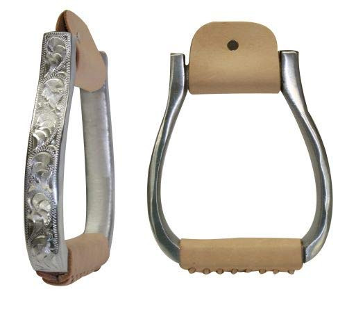 Showman Polished Aluminum Engraved Barrel Stirrups w/ Leather Tread