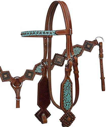 Showman Teal & Brown Filigree Print Headstall & Breast Collar Set w/ Reins