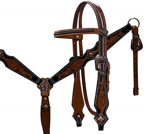 Showman Tooled Leather Headstall & Breast Collar Set w/ Brushed Copper Accents