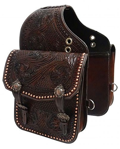 Showman Dark Oil Tooled Leather Saddle Bag w/ Engraved Antique Bronze Conchos & Buckles