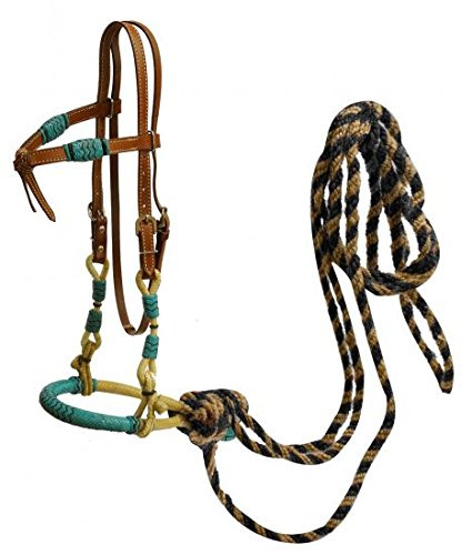 Showman Leather Futurity Knot Headstall w/ Teal Rawhide Braided Bosal & Horsehair Mecate Reins