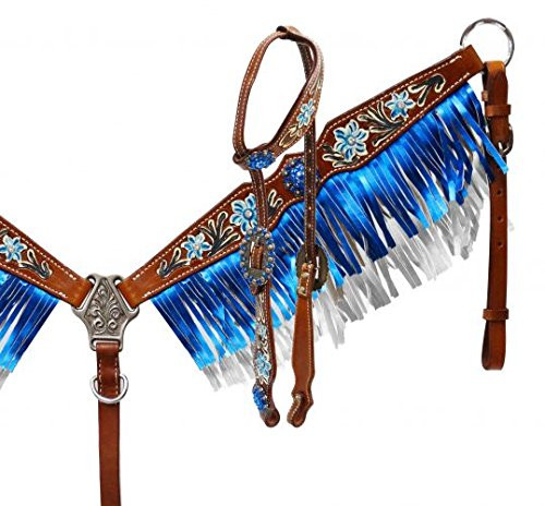 Showman Blue Metallic Fringe Headstall & Breast Collar Set w/ Reins