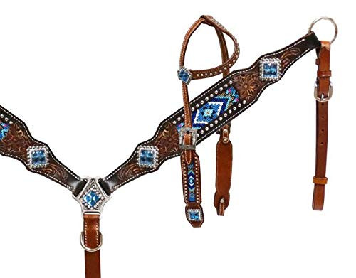 Showman Tooled Leather Headstall & Breast Collar Set w/ Blue Beaded Inlays