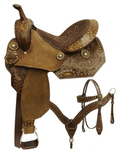  14", 15",  Economy style barrel saddle set with feather tooled design. 