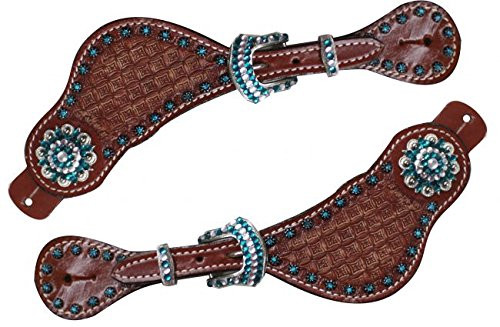 Showman Ladies Basket Weave Tooled Leather Spur Straps w/ Rhinestones