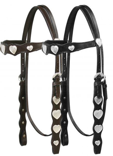 Leather Headstall w/ Engraved Silver Heart Conchos